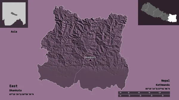 東の形状 ネパールの開発地域 およびその首都 距離スケール プレビューおよびラベル 色の標高マップ 3Dレンダリング — ストック写真