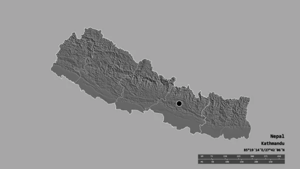 主要な地域部門と分離東エリアを持つネパールの荒廃した形 ラベル 標高マップ 3Dレンダリング — ストック写真