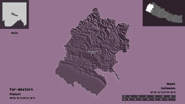 远西形状 尼泊尔的发展地区 及其首都 距离刻度 预览和标签 彩色高程图 3D渲染 — 图库照片