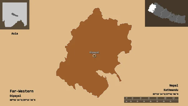 極東の形状 ネパールの開発地域 およびその首都 距離スケール プレビューおよびラベル 規則的にパターン化されたテクスチャの構成 3Dレンダリング — ストック写真