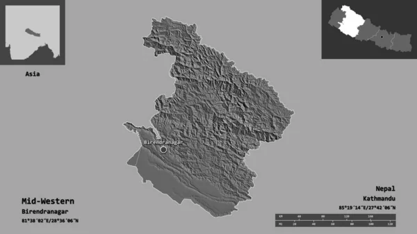 Форма Среднего Запада Регион Развития Непала Столицы Шкала Расстояний Предварительные — стоковое фото