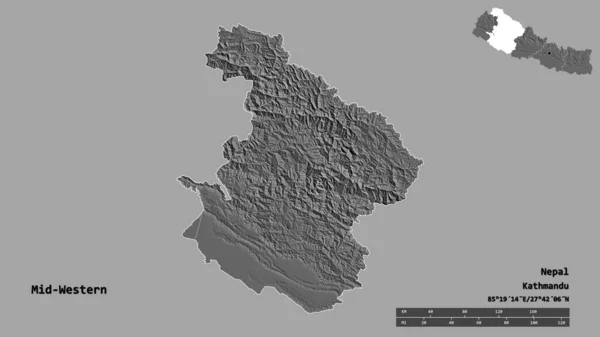 尼泊尔中西部的形状 发展区 其首都在坚实的背景下与世隔绝 距离尺度 区域预览和标签 Bilevel高程图 3D渲染 — 图库照片