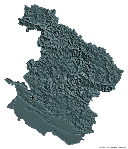 ネパールの開発地域である中西部の形で 首都は白い背景に孤立している 色の標高マップ 3Dレンダリング — ストック写真