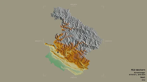Området Mellanvästern Utvecklingsregionen Nepal Isolerat Solid Bakgrund Georefererad Avgränsningsbox Etiketter — Stockfoto