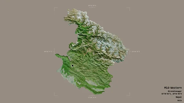 ネパールの中西部 開発地域の地域は 洗練された境界ボックス内の強固な背景に隔離されています ラベル 衛星画像 3Dレンダリング — ストック写真