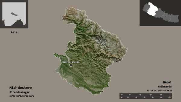 中西部的形状 尼泊尔的发展地区 及其首都 距离刻度 预览和标签 卫星图像 3D渲染 — 图库照片
