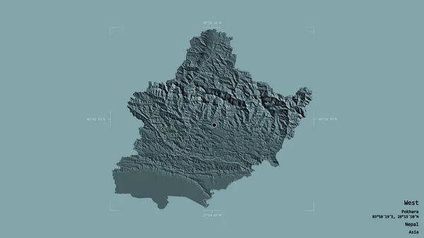 ネパールの開発地域の地域は 洗練された境界ボックス内の強固な背景に隔離されています ラベル 色の標高マップ 3Dレンダリング — ストック写真