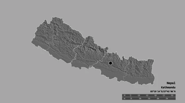 Desaturerad Form Nepal Med Dess Huvudstad Huvudsakliga Regionala Indelning Och — Stockfoto