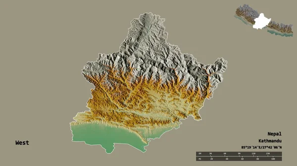 西の形 ネパールの開発地域 その資本がしっかりとした背景に隔離されて 距離スケール リージョンプレビュー およびラベル 地形図 3Dレンダリング — ストック写真