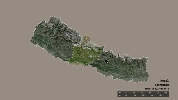尼泊尔以其首都 主要区域分部和分离的西部地区为首都的绝望形态 卫星图像 3D渲染 — 图库照片