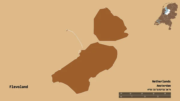 Form Flevoland Provinsen Nederländerna Med Huvudstaden Isolerad Solid Bakgrund Avståndsskala — Stockfoto