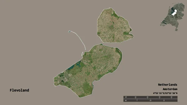 Form Flevoland Provinsen Nederländerna Med Huvudstaden Isolerad Solid Bakgrund Avståndsskala — Stockfoto