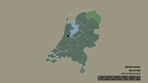 その首都 主要な地域部門と分離されたフローニンゲン地域とオランダの荒廃した形 ラベル 地形図 3Dレンダリング — ストック写真
