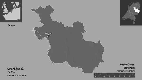 Formen Til Overijssel Provinsen Nederland Hovedstaden Avstandsskala Forhåndsvisninger Etiketter Bilevel – stockfoto