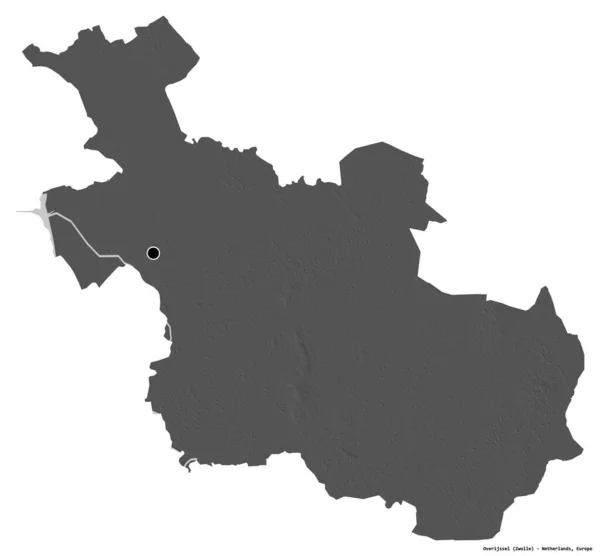 荷兰省Overijssel的形状 其首都被白色背景隔离 Bilevel高程图 3D渲染 — 图库照片