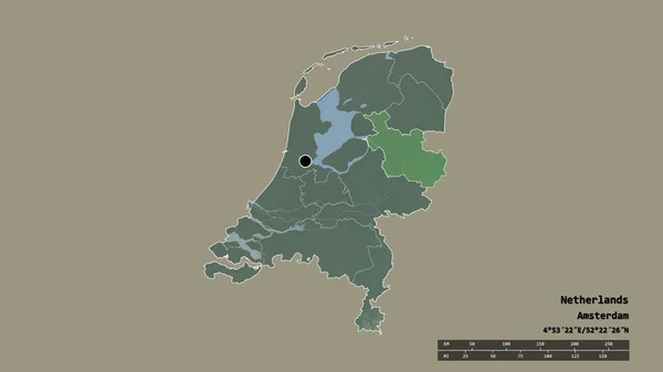 その首都 主要な地域部門と分離されたOverijsselエリアとオランダの荒廃した形 ラベル 地形図 3Dレンダリング — ストック写真