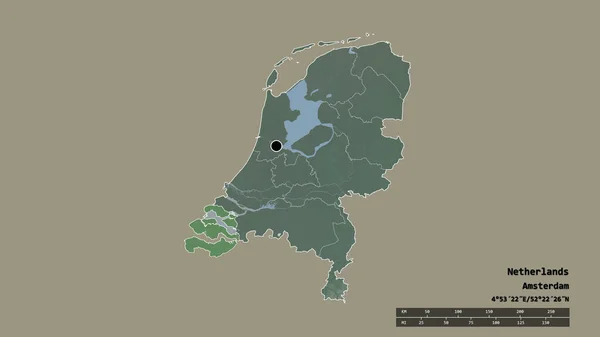 その首都 主要な地域部門と分離されたゼーラント州地域とオランダの荒廃した形 ラベル 地形図 3Dレンダリング — ストック写真