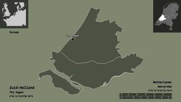 荷兰的祖德 荷兰的形状 以及它的首都 距离刻度 预览和标签 彩色高程图 3D渲染 — 图库照片