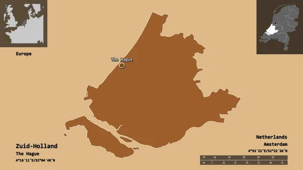 Form Zuid Holland Provinsen Nederländerna Och Dess Huvudstad Avståndsskala Förhandsvisningar — Stockfoto