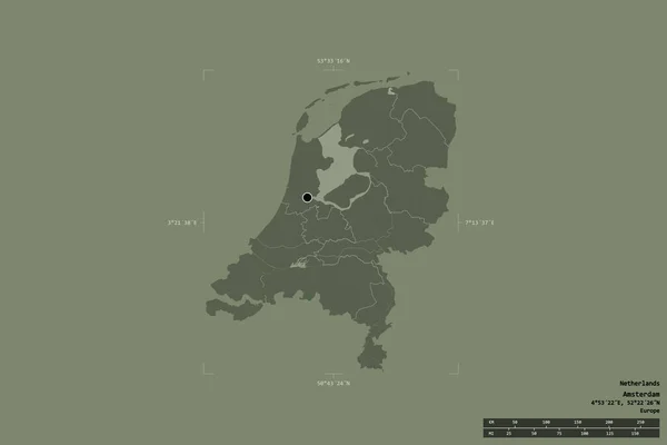 オランダの地域は 洗練された境界の箱の中の強固な背景に隔離されました 主な地域部門 距離スケール ラベル 色の標高マップ 3Dレンダリング — ストック写真