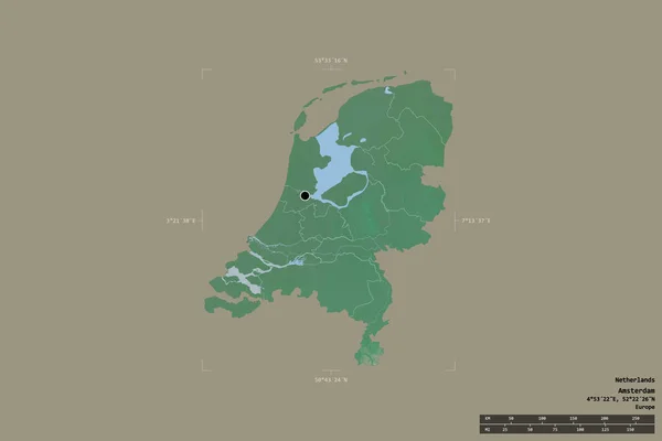 オランダの地域は 洗練された境界の箱の中の強固な背景に隔離されました 主な地域部門 距離スケール ラベル 地形図 3Dレンダリング — ストック写真