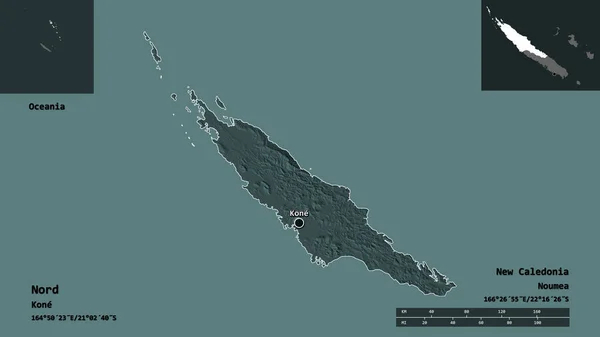 ニューカレドニアの北部州とその首都の形 距離スケール プレビューおよびラベル 色の標高マップ 3Dレンダリング — ストック写真