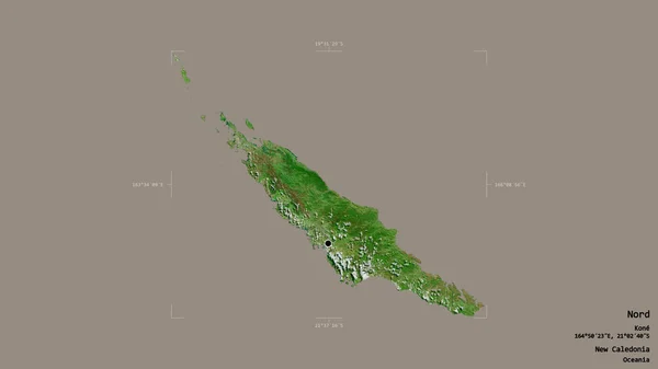 ニューカレドニア州ノールドの地域は 地理的に確固とした境界線の箱の中に孤立していた ラベル 衛星画像 3Dレンダリング — ストック写真