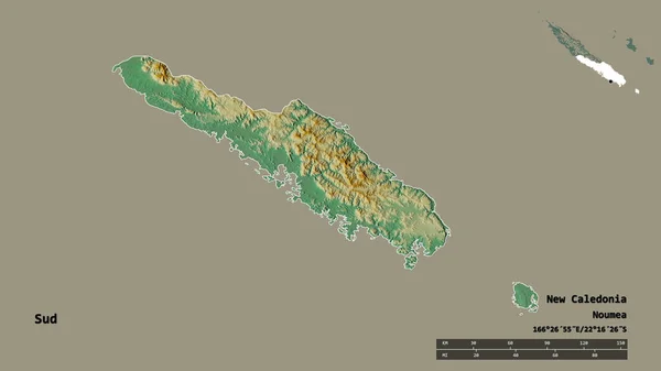 ニューカレドニア州のサッドの形は その首都がしっかりとした背景に隔離されています 距離スケール リージョンプレビュー およびラベル 地形図 3Dレンダリング — ストック写真