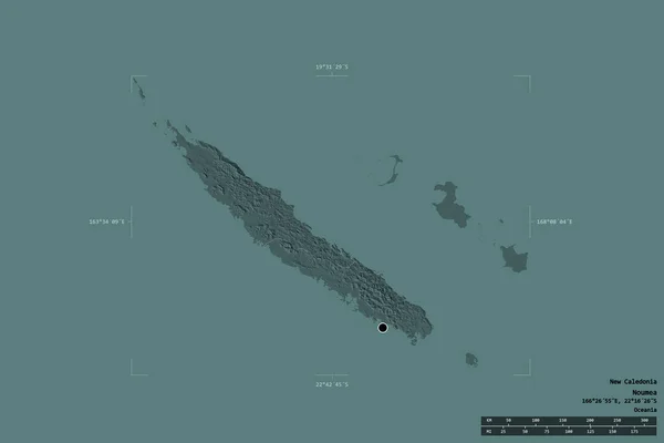 新喀里多尼亚的一个区域在一个地理参照框的坚实背景上被隔离 主要区域分部 距离标度 彩色高程图 3D渲染 — 图库照片