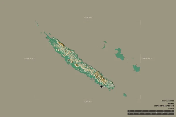 新喀里多尼亚的一个区域在一个地理参照框的坚实背景上被隔离 主要区域分部 距离标度 地形浮雕图 3D渲染 — 图库照片