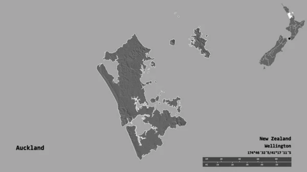 奥克兰的形状 新西兰的区域委员会 其首都孤立的坚实的背景 距离尺度 区域预览和标签 Bilevel高程图 3D渲染 — 图库照片