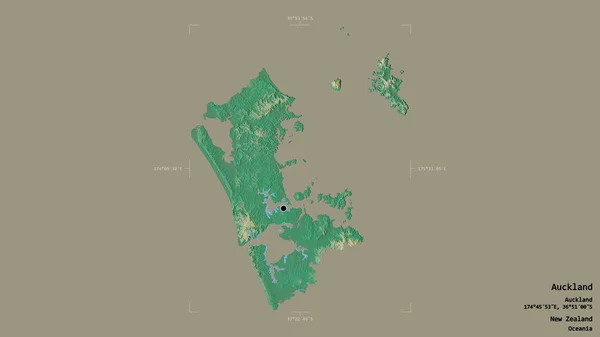 ニュージーランドの地域評議会であるオークランドの地域は 洗練された境界の箱の中にしっかりとした背景に隔離されています ラベル 地形図 3Dレンダリング — ストック写真