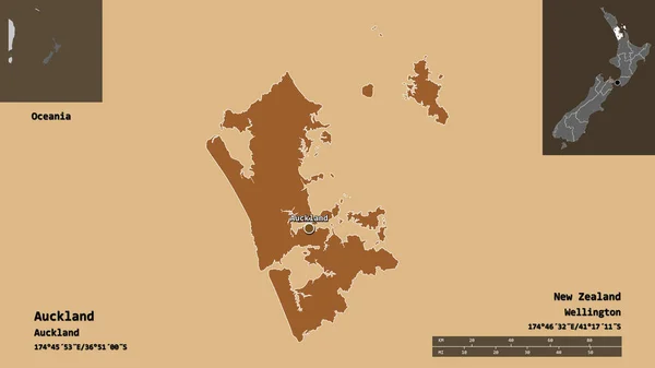 オークランドの形状 ニュージーランドの地域評議会 およびその首都 距離スケール プレビューおよびラベル 規則的にパターン化されたテクスチャの構成 3Dレンダリング — ストック写真