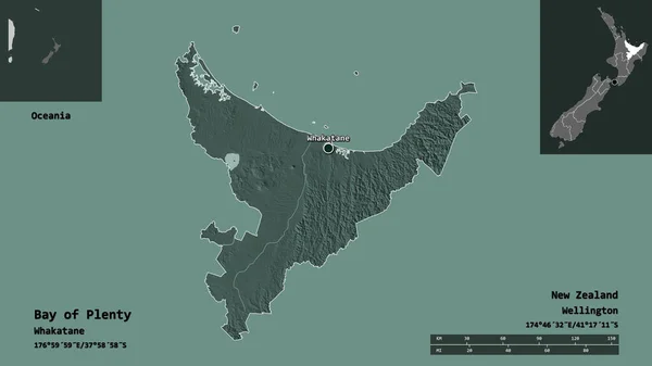 豊富な湾の形状 ニュージーランドの地域評議会 その首都 距離スケール プレビューおよびラベル 色の標高マップ 3Dレンダリング — ストック写真
