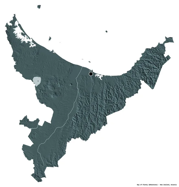 ニュージーランドの地方評議会であるプレンティ湾の形で その首都は白い背景に孤立しています 色の標高マップ 3Dレンダリング — ストック写真