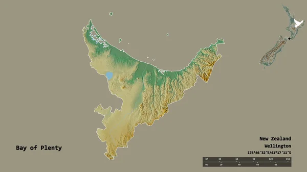 纽西兰区域议会的丰饶湾形状 其首都以坚实的背景隔离 距离尺度 区域预览和标签 地形浮雕图 3D渲染 — 图库照片