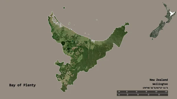 ニュージーランドの地方評議会であるベイ プレンティの形で その資本はしっかりとした背景に孤立しています 距離スケール リージョンプレビュー およびラベル 衛星画像 3Dレンダリング — ストック写真