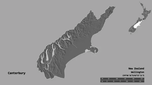 坎特伯雷形状 新西兰区域委员会 其首都独立于坚实的背景 距离尺度 区域预览和标签 Bilevel高程图 3D渲染 — 图库照片