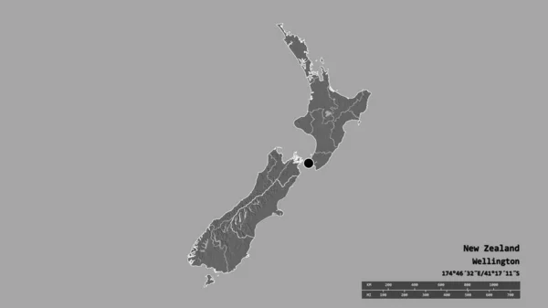 Die Ungesättigte Form Neuseelands Mit Seiner Hauptstadt Der Wichtigsten Regionalen — Stockfoto