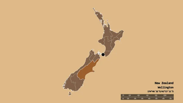 Καθαιρέθηκε Σχήμα Της Νέας Ζηλανδίας Πρωτεύουσα Κύρια Περιφερειακή Διαίρεση Και — Φωτογραφία Αρχείου