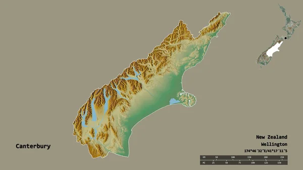 ニュージーランドの地方議会であるカンタベリーの形で その首都はしっかりとした背景に隔離されています 距離スケール リージョンプレビュー およびラベル 地形図 3Dレンダリング — ストック写真
