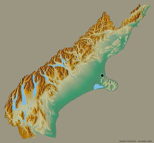 ニュージーランド地方評議会のカンタベリーの形で その首都はしっかりとした色の背景に隔離されています 地形図 3Dレンダリング — ストック写真