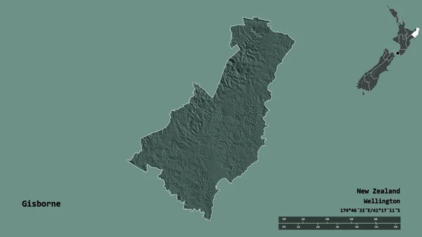 Gisborne的形状 新西兰区域委员会 其首都孤立在坚实的背景下 距离尺度 区域预览和标签 彩色高程图 3D渲染 — 图库照片