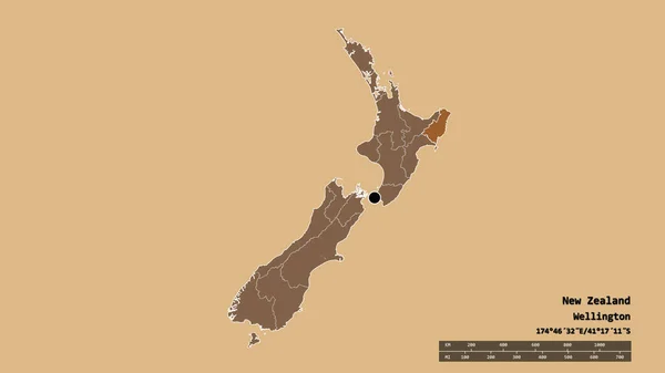 Vyprahlý Tvar Nového Zélandu Hlavním Městem Hlavní Regionální Divizí Oddělenou — Stock fotografie