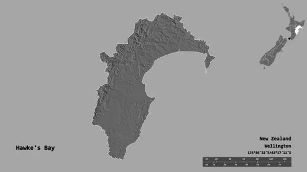 ニュージーランドの地方評議会であるホークス湾の形で その首都はしっかりとした背景に孤立している 距離スケール リージョンプレビュー およびラベル 標高マップ 3Dレンダリング — ストック写真