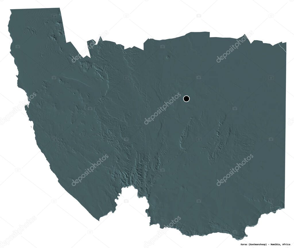 Shape of Karas, region of Namibia, with its capital isolated on white background. Colored elevation map. 3D rendering