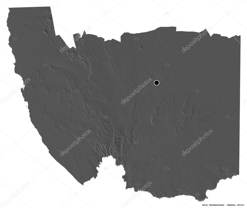 Shape of Karas, region of Namibia, with its capital isolated on white background. Bilevel elevation map. 3D rendering