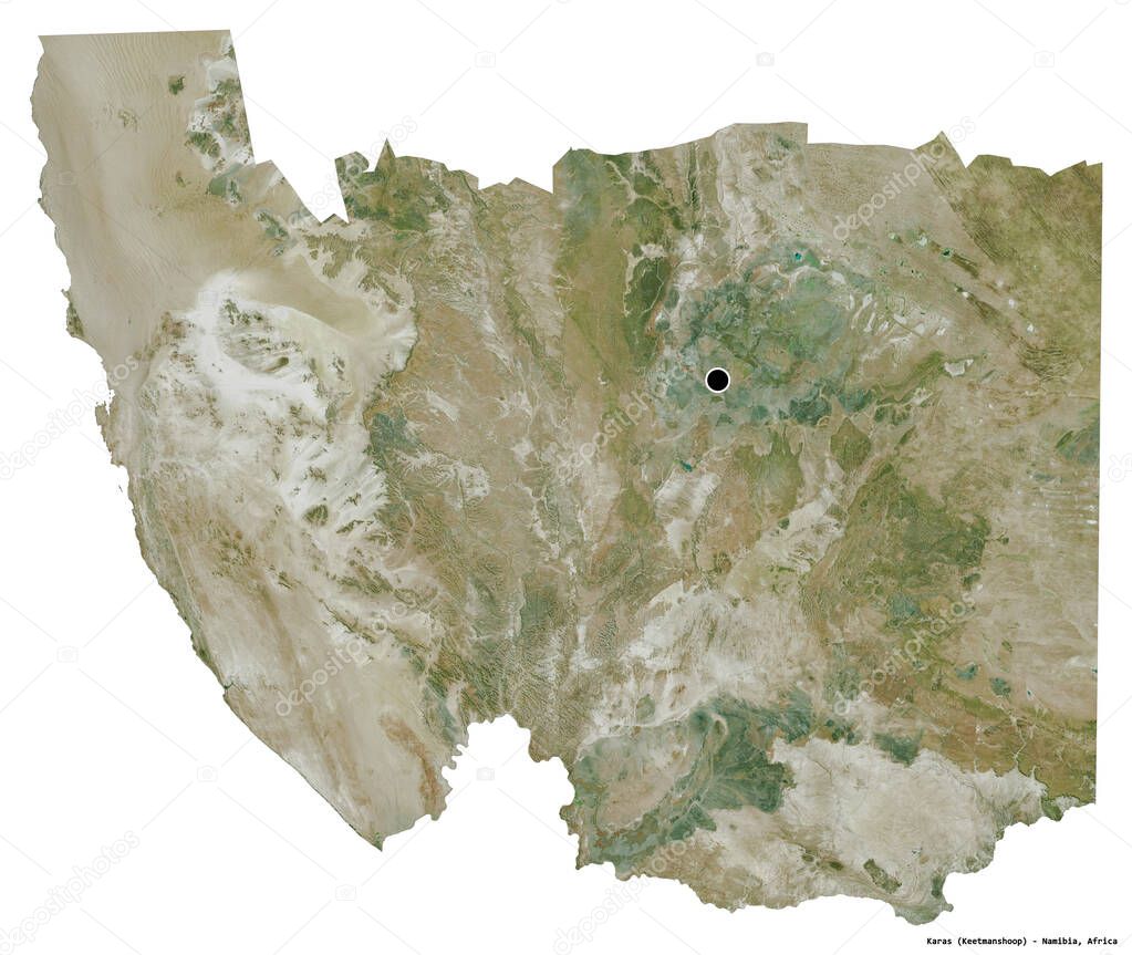Shape of Karas, region of Namibia, with its capital isolated on white background. Satellite imagery. 3D rendering