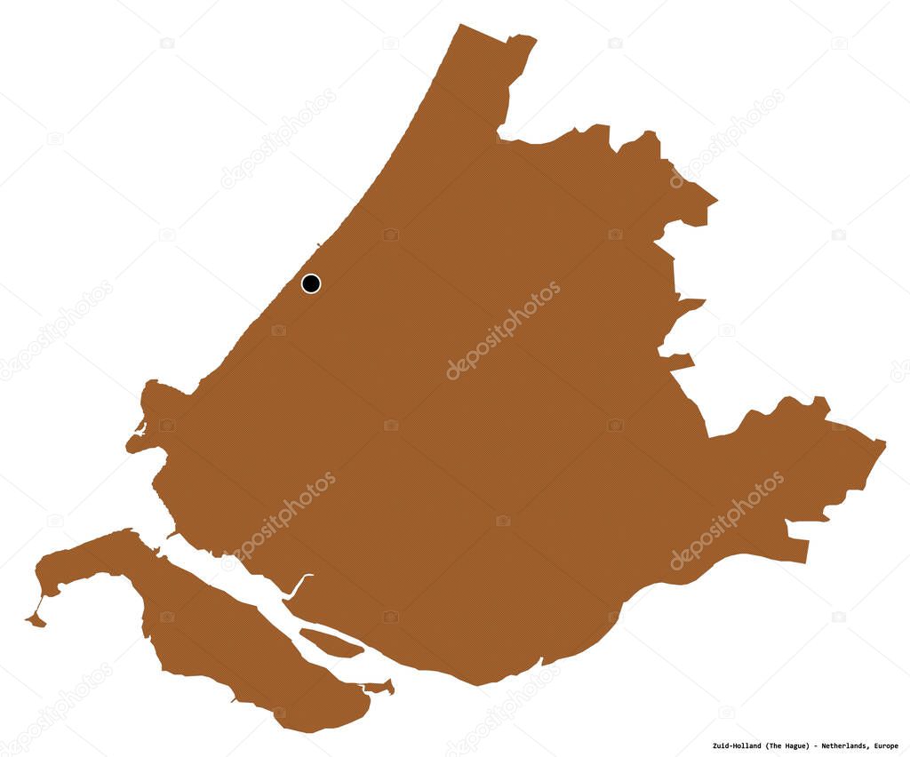Shape of Zuid-Holland, province of Netherlands, with its capital isolated on white background. Composition of patterned textures. 3D rendering
