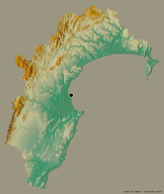Hawke Körfezi 'nin şekli, Yeni Zelanda' nın bölgesel konseyi, başkenti katı bir renk arkaplanı ile izole edilmiş. Topografik yardım haritası. 3B görüntüleme